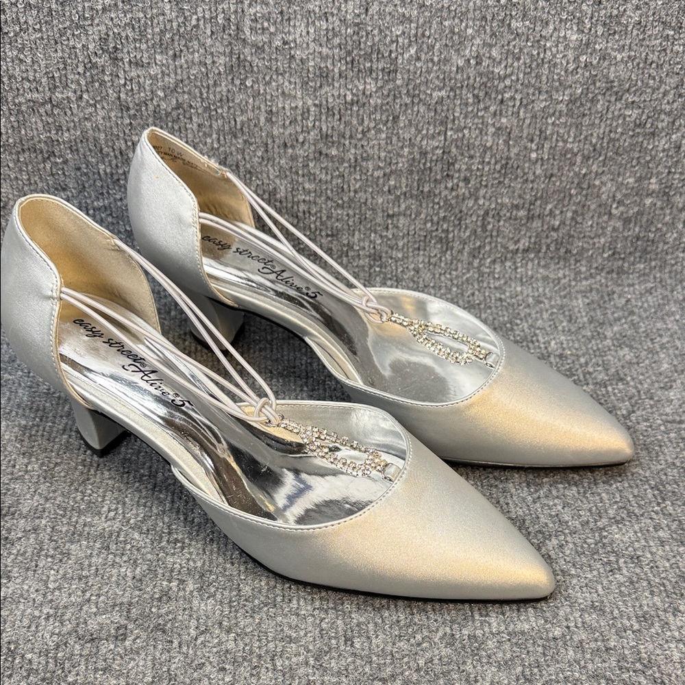 Easy Street Silver Pointed-Toe Mid Heel Pumps with Rhinestone T-Strap 10W